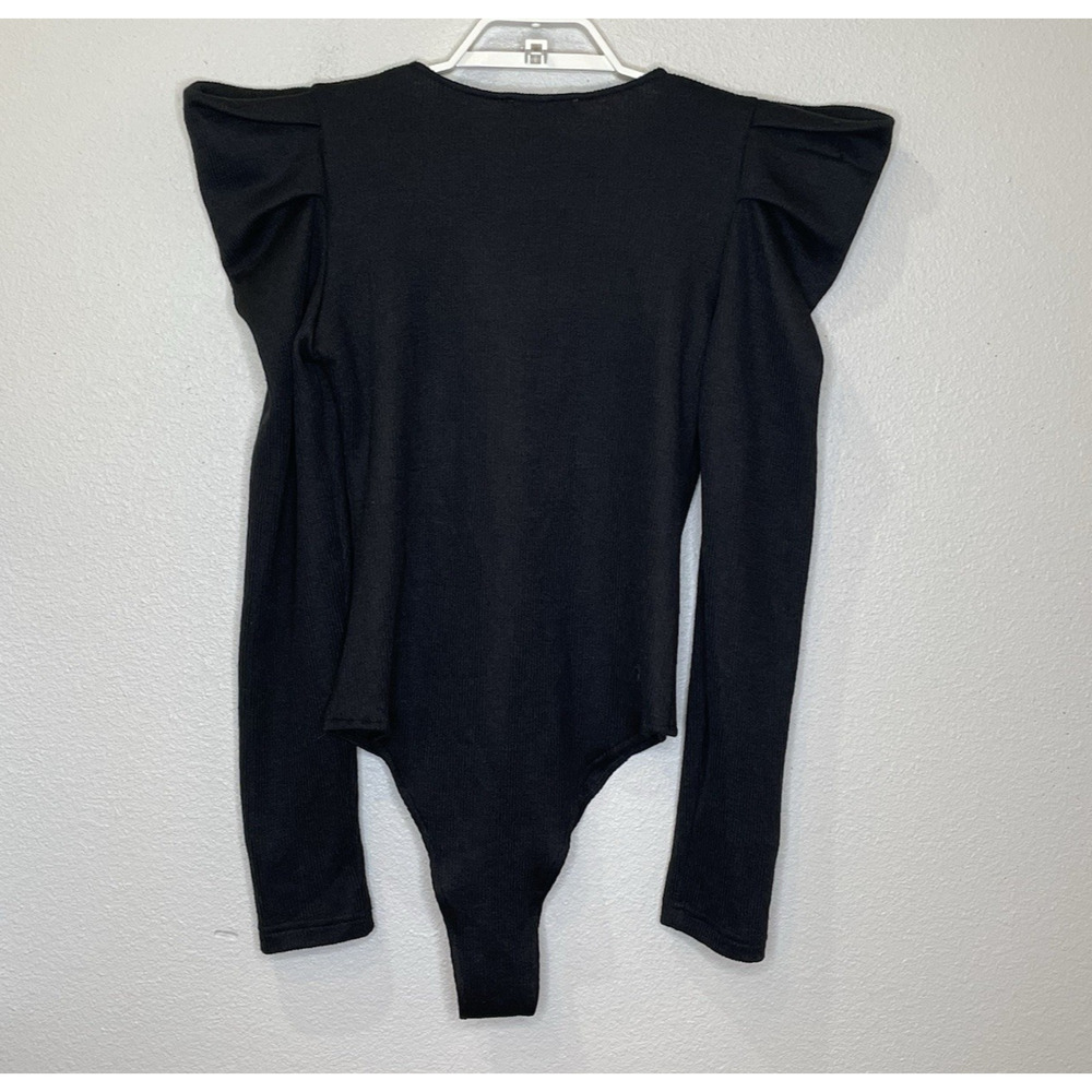 entro Bodysuit‎ Womens Large Black Knit V-Neck Long Sleeve Pleated Shoulder NEW - Picture 5 of 8